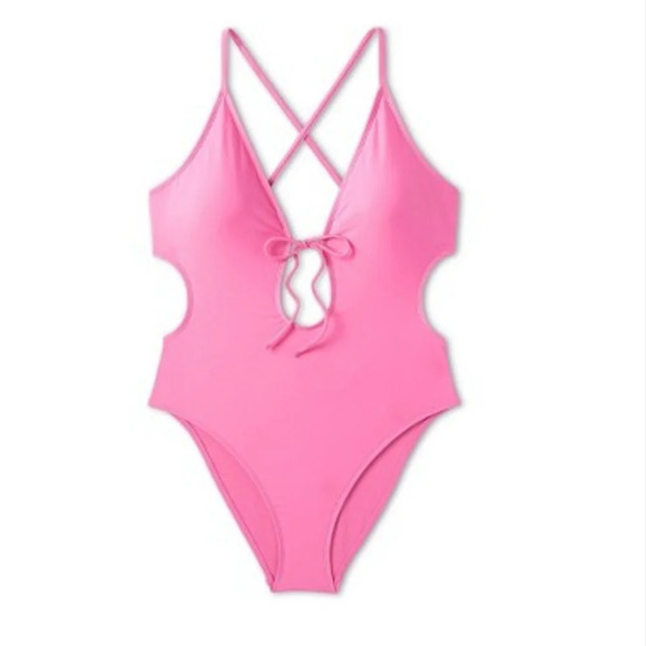 Shade & Shore Pink Tie-Front Plunge One Piece Swimsuit Size Women Small 4-6 NEW - Picture 3 of 11